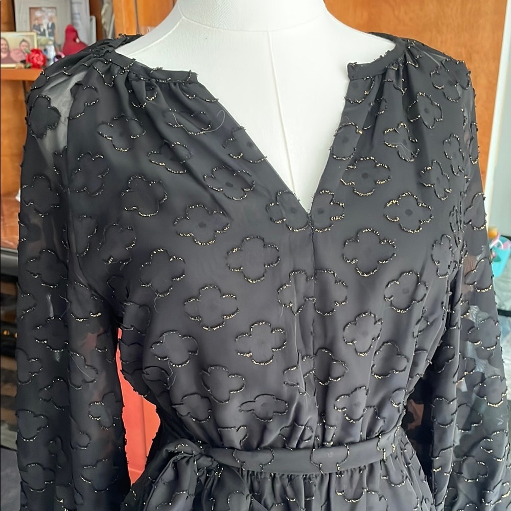 NWT Nanette Lepore Black Gold Sheer Sleeve Tiered Dress Party Dress 6 - Picture 7 of 11